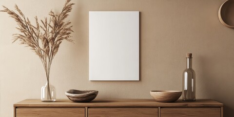 Interior showcasing a wooden commode complete with drawers, a white rectangular blank canvas poster mock up displayed on the beige wall, complemented by a decorative bottle neck glass vase and accent