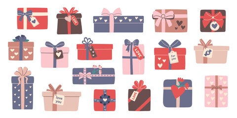 Valentines day, love, mothers day, birthday concept. Set of gift boxes isolated on white. Flat style hand drawn vector clipart. 
