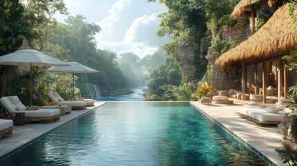 Fototapeta premium Luxury resort pool with waterfall view.