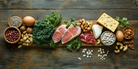 Variety of animal and plant protein sources displayed on a wooden background, featuring fish, meat, beans, cheese, eggs, nuts, seeds, and kale, highlighting diverse protein options.