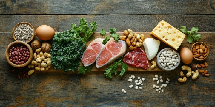 Variety of animal and plant protein sources displayed on a wooden background, featuring fish, meat, beans, cheese, eggs, nuts, seeds, and kale, highlighting diverse protein options.