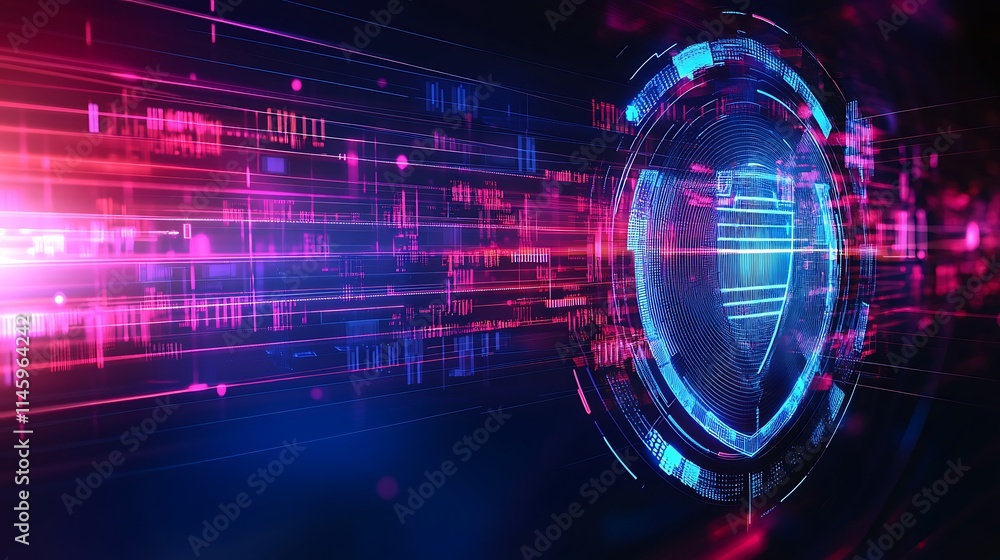 Poster futuristic digital shield concept with data streams and neon lights representing cybersecurity prote