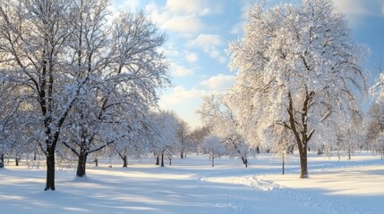 Fototapeta premium Snow covered trees create a stunning scene in a winter park, showcasing the beauty of trees in the snow. This enchanting winter landscape highlights the allure of trees in the snow.