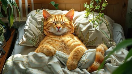 An orange tabby cat lounges in a sun-drenched, plant-filled room.