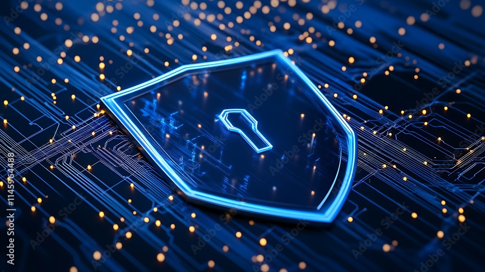 Poster futuristic digital shield concept with keyhole on circuit background symbolizing cybersecurity and p