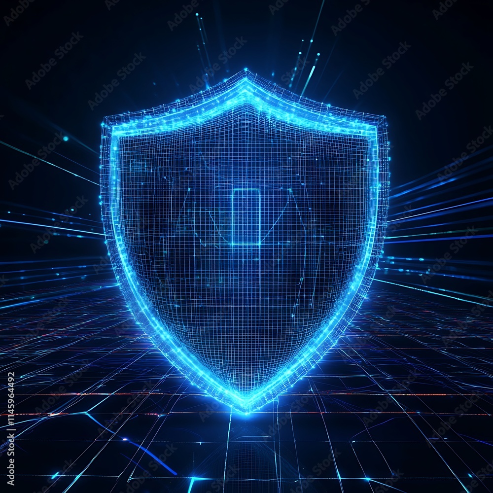 Poster futuristic digital shield concept with neon elements and abstract background for cybersecurity theme