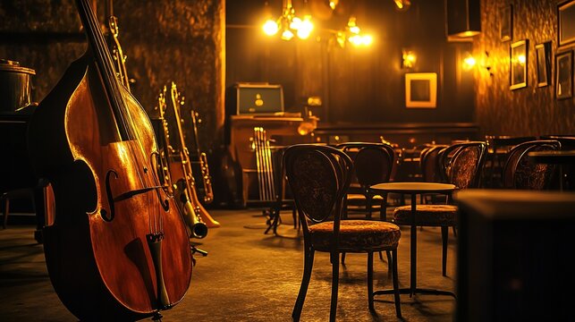 vintage jazz club interior with instruments arranged under dim golden lights exuding warm ambiance