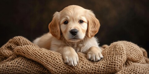 Adorable Golden Retriever puppy showcasing playful charm and cuteness, perfect for capturing heartwarming moments in photography. This Golden Retriever puppy is full of joy and innocence.