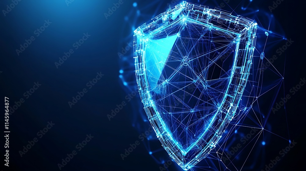 Poster futuristic digital shield icon representing cyber security and protection in virtual environment