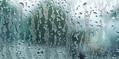 Closeup view of water droplets trickling down a window pane, capturing the intricate patterns of droplets formed on the glass from the inside of a vehicle. Water droplets create a serene atmosphere.