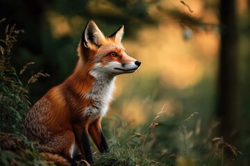 Fototapeta premium A close-up view of a fox sitting in the grass, looking directly at the camera
