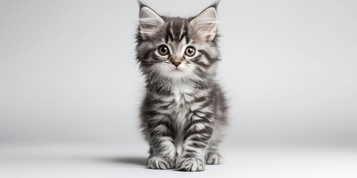 Adorable black silver tabby Maine Coon cat kitten playfully walking sideways. This cute Maine Coon kitten with captivating brown eyes looks directly at the camera, paws crossed, on a white background.