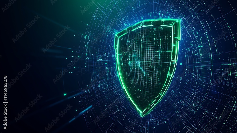 Poster futuristic digital shield icon representing cybersecurity protection and safety overview in technolo