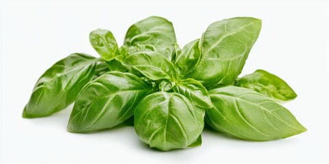 Fototapeta premium A detailed view of vibrant, fresh Italian basil set against a clean white background showcases its richness and appeal. Basils freshness stands out beautifully here.