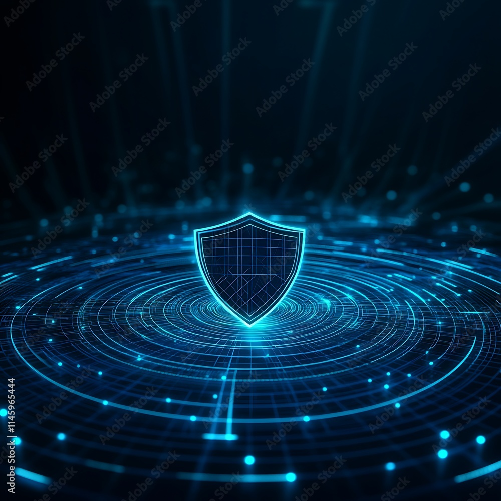 Aufkleber futuristic digital shield icon with glowing circular lines on dark background for cybersecurity conc
