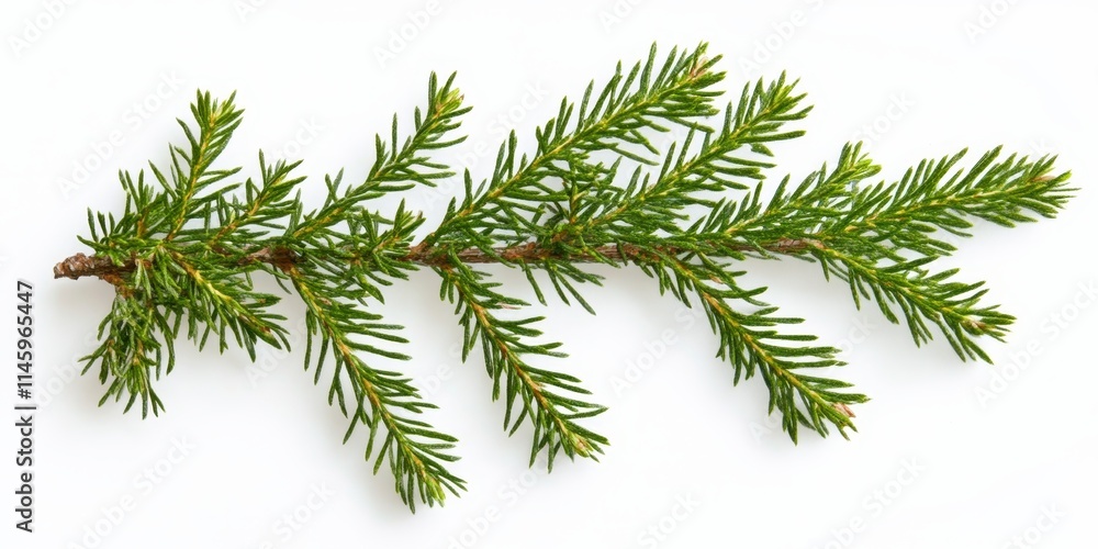 Poster close up of a fir tree branch isolated on a white background, highlighting the unique features of th