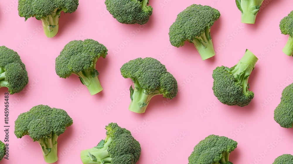 Poster seamless pattern featuring fresh broccoli displayed on a pink background. this seamless pattern of f