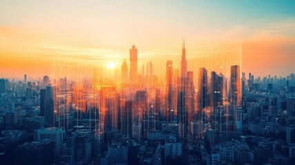 Fototapeta premium A vibrant city skyline at sunset, showcasing tall buildings and a glowing horizon, symbolizing urban life and innovation.