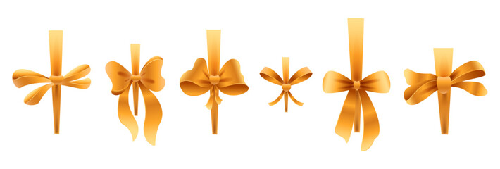 Golden vertical ribbons set with bows. Design elements for gift wrapping, celebrations and festive decorations. Gift ribbon with bows of different shapes and sizes. Vector illustration isolated