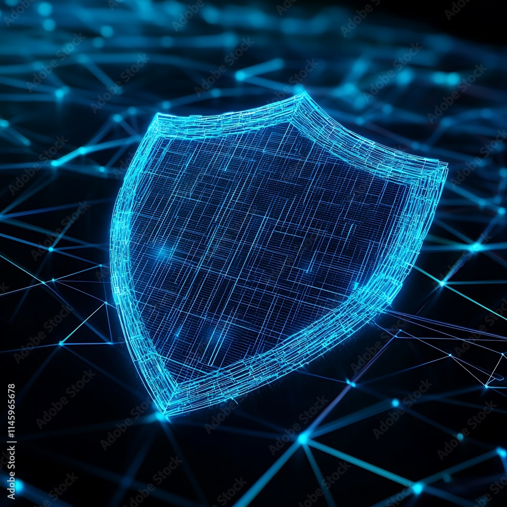 Poster futuristic digital shield in blue and green lines representing cybersecurity and data protection con