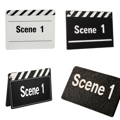 Naklejka premium Clapperboard with scene written transparent background symbolizing screen production