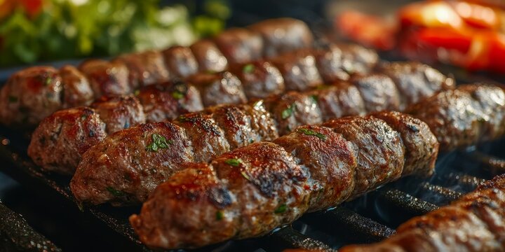 Grilled cevapcici represented in selective focus, showcasing mouth watering minced rolls of cevapcici with a specially tinted appearance, capturing the essence of delicious cevapcici.