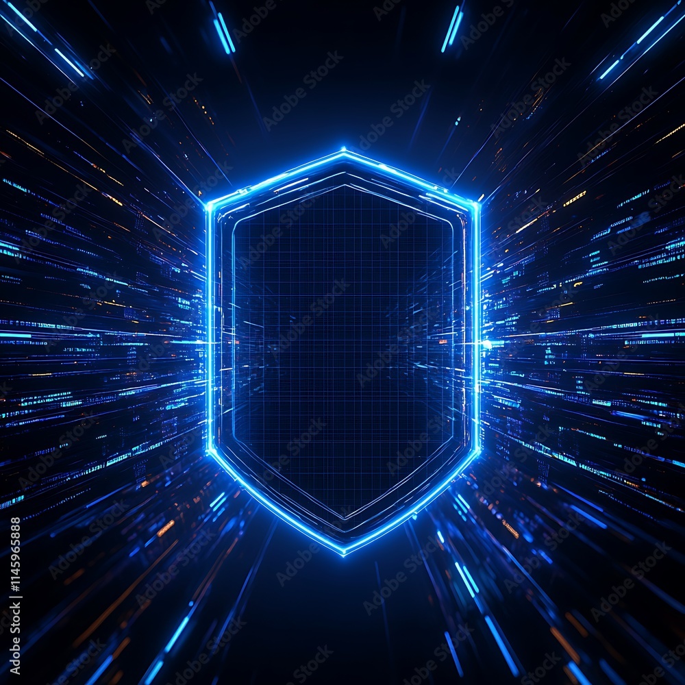 Poster futuristic digital shield in motion with light trails and abstract technology background