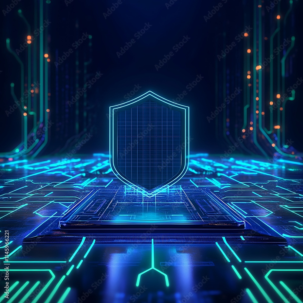 Poster futuristic digital shield on high-tech circuit background with neon lights for cybersecurity concept