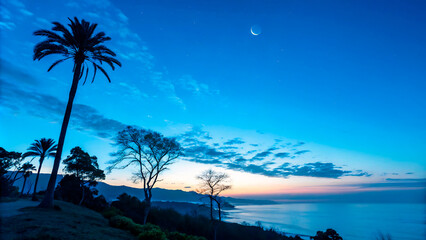 Obraz premium Tropical beach at sunset with palm tree silhouettes and a serene ocean view