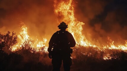 Fototapeta premium A wildfire raging through a forest, thick smoke billowing into the sky, while firefighters battle the flames to protect nearby communities.