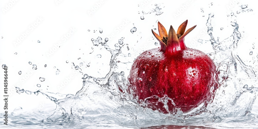 Poster pomegranate makes a splash as it falls into water, creating captivating ripples against a pristine w