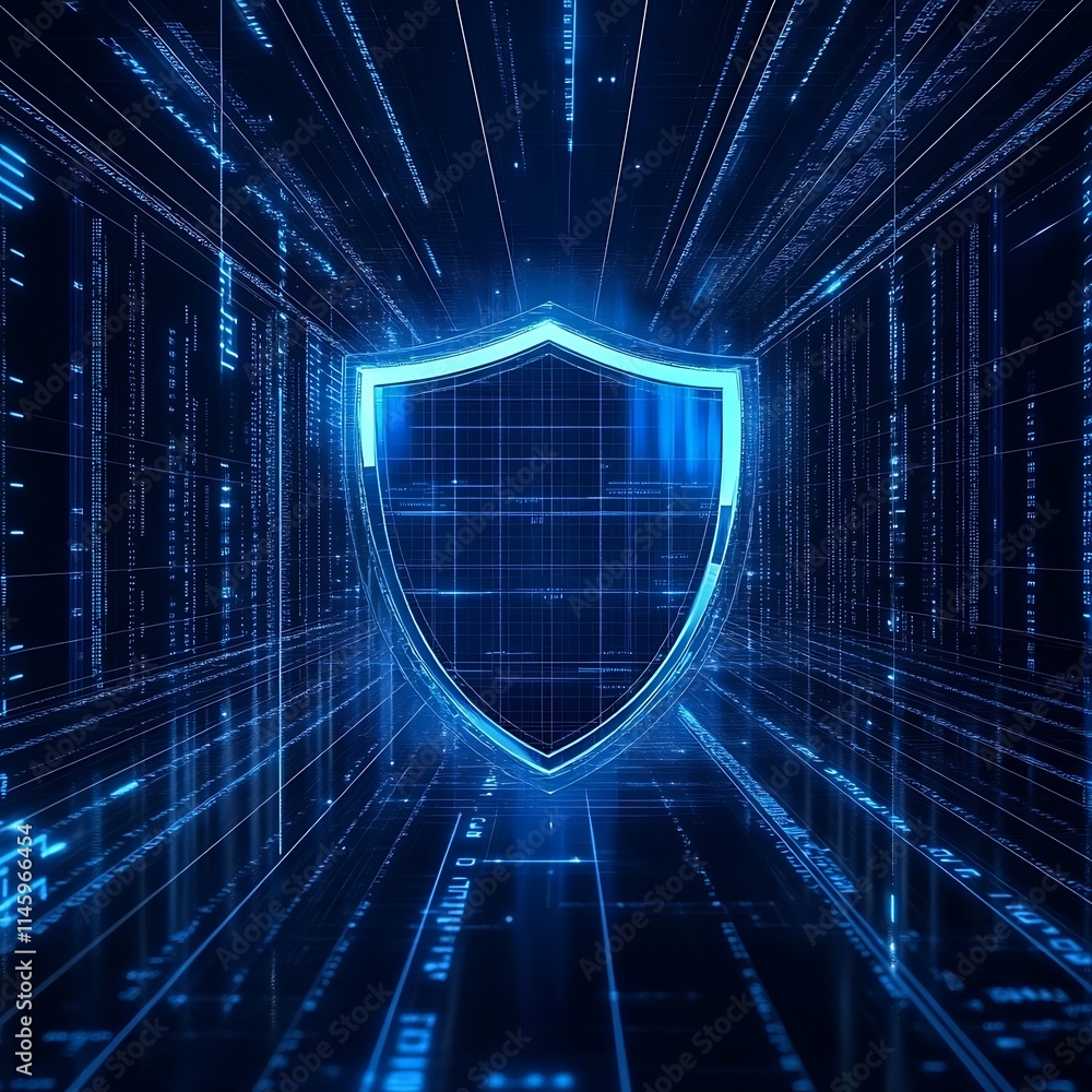 Poster futuristic digital shield representing cybersecurity concepts in a high-tech abstract environment