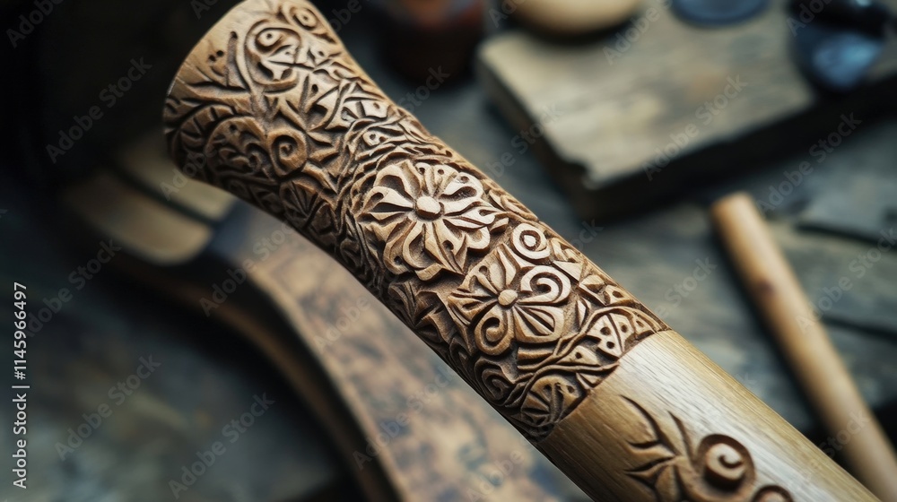 Aufkleber a wooden walking stick being carved with detailed patterns and symbols, showcasing the artisans tale