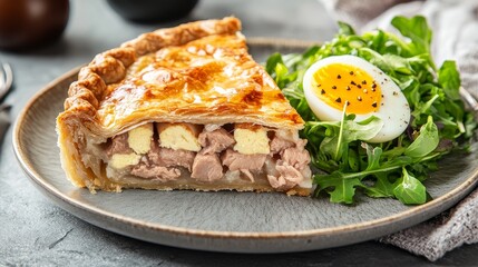 Gala pie featuring pork and egg is beautifully presented on a plate, accompanied by a fresh salad garnish, highlighting the deliciousness of pork and egg in an enticing arrangement.