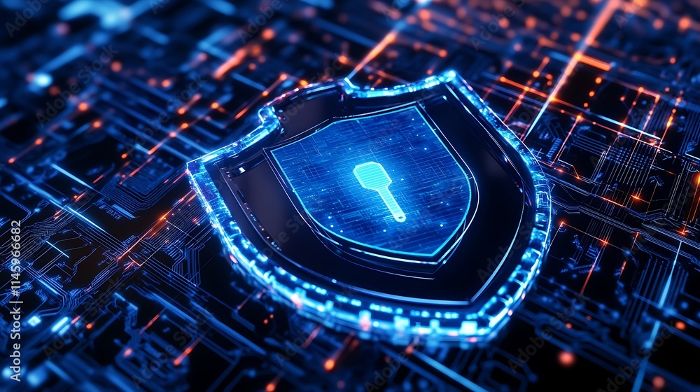 Poster futuristic digital shield security concept with key symbol on circuit board background in cybersecur