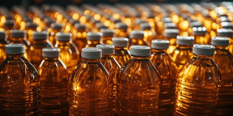 Palm oil in a bottle showcased in a pattern at a factory warehouse, emphasizing the diverse uses of palm oil in food production within a commercial setting.