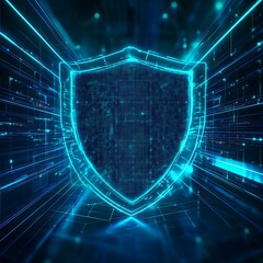 Futuristic Digital Shield Surrounded by Glowing Data Streams and Matrix Style Background