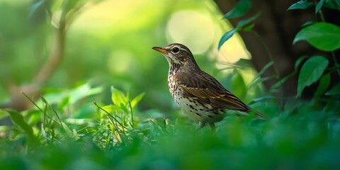 Thrush searching for insects amidst the grass, showcasing its keen hunting skills while foraging for insects in the lush vegetation. The thrush is a skilled insect seeker in nature.