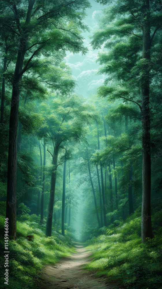 Poster lush green forest path with tall trees and soft light