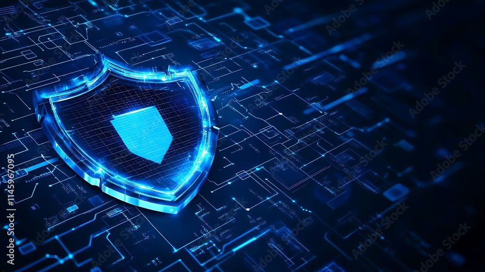 Poster futuristic digital shield symbolizing cyber security and data protection in a high-tech environment