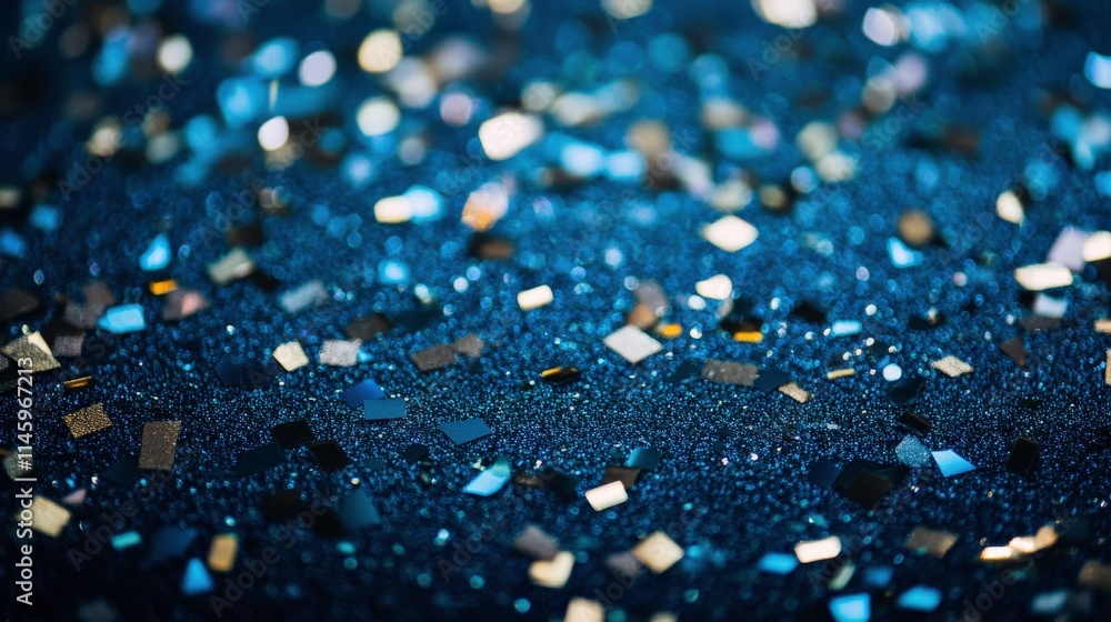 Poster shimmering blue and gold glitter background with sparkling particles suitable for festive decor and 