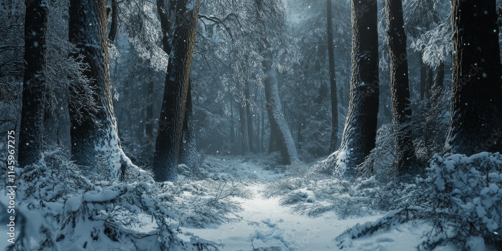 Aufkleber snowy forest scene featuring dark tree trunks and branches blanketed in snow and frost, creating a t