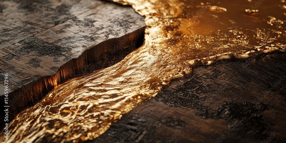 Aufkleber gold flowing out from a rough wooden work table creates a striking visual. this captivating scene of