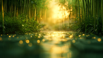 Fototapeta premium Serene Bamboo Forest on the lake with Sparkling Light 