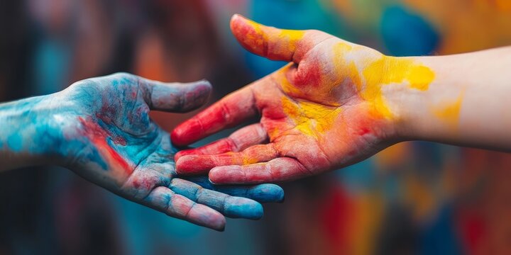 Painted hands symbolize connection and support. Touching fingers and holding hands in close up showcase the essence of helping hands. A gesture of giving a helping hand represents hope and charity.