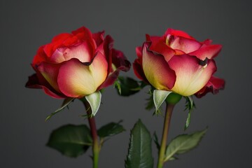 A bunch of vibrant red and yellow roses with green leaves, perfect for any occasion