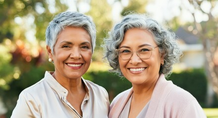 Obraz premium Mature hispanic women smiling outdoors in nature setting for portraits and lifestyle design