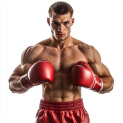 Muscular boxer in red gloves preparing for a match in a neutral background showcasing strength and determination