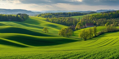 Fototapeta premium Vibrant spring green agricultural fields create a picturesque rural landscape, showcasing the beauty of nature and the freshness of spring in agricultural settings. Ideal for nature and farm themes.