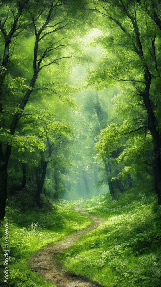 Poster lush green forest path with sunlight filtering through trees